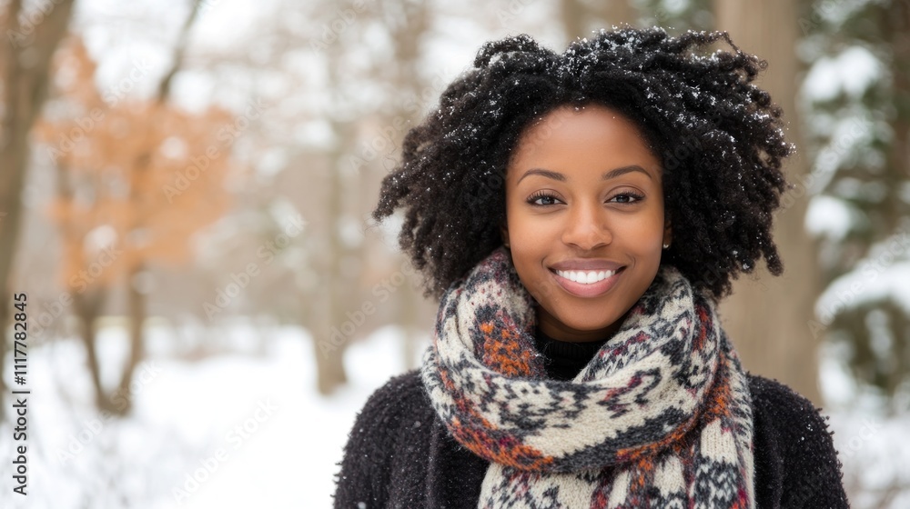 Smiling woman in snowy landscape wearing a scarf Smiling woman in snowy landscape wearing a scarf