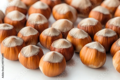 A collection of hazelnuts arranged on a clean white background