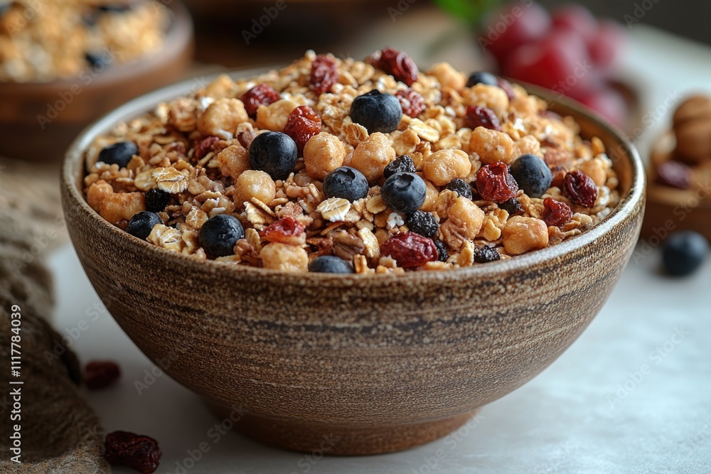 A bowl of healthy breakfast with granola, berries, and nuts A bowl of healthy breakfast with granola, berries, and nuts