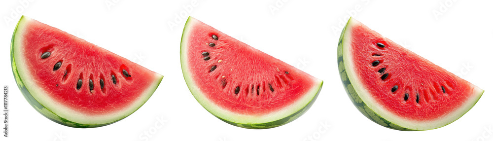 Fresh watermelon slices with vibrant red flesh and black seeds on transparency background Fresh watermelon slices with vibrant red flesh and black seeds on transparency background