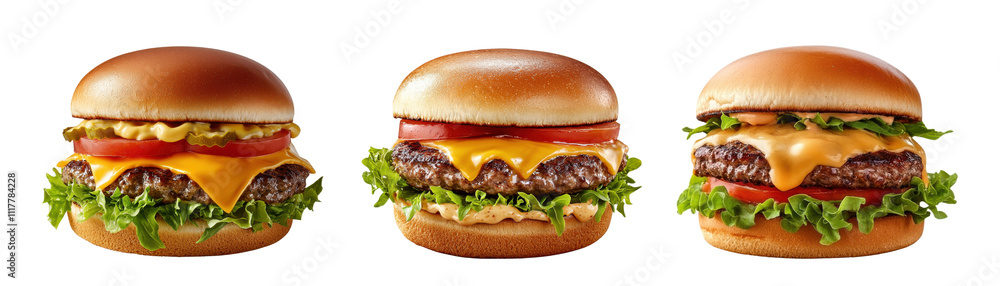 Three delicious cheeseburgers with lettuce, tomato, and melted cheese Three delicious cheeseburgers with lettuce, tomato, and melted cheese