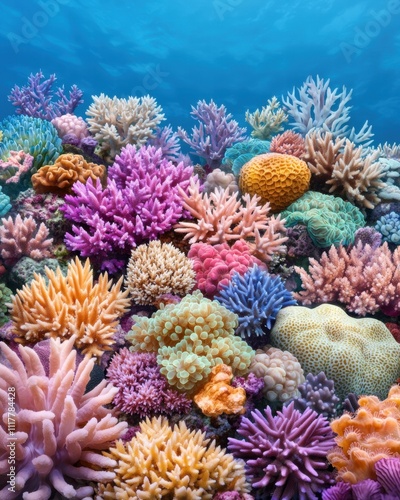 A vibrant underwater scene filled with colorful coral formations in various shapes and sizes, creating a stunning display of marine biodiversity.