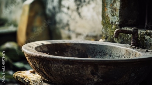 A close-up view of a dirty sink sitting on top of a wooden table, with soap scum and water spots visible photo