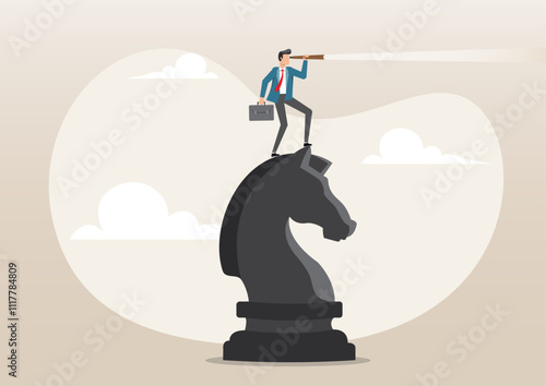 businessman leader standing on chess knight using telescope