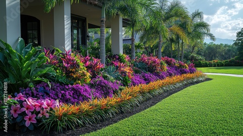 Wallpaper Mural Lush tropical landscaping with vibrant flowers and palms bordering a home. Torontodigital.ca