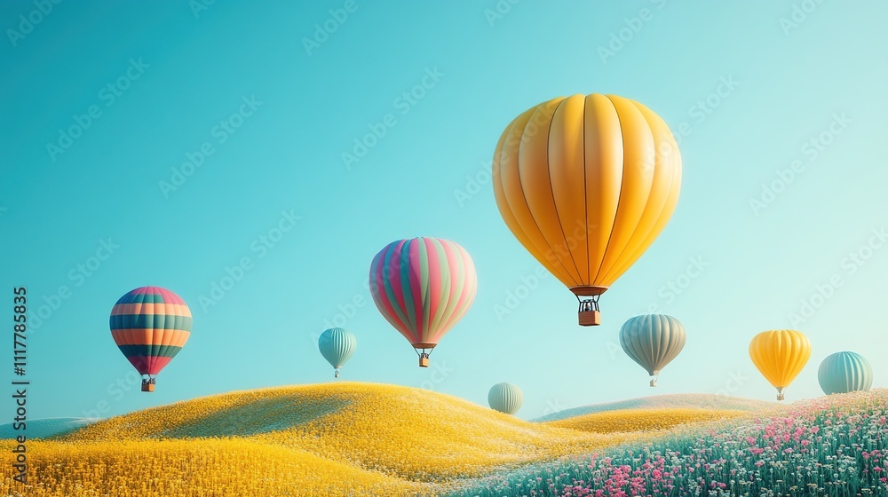 Obraz premium Colorful hot air balloons float over vibrant, rolling hills under a clear blue sky.