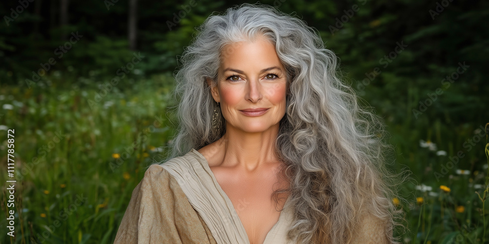 A serene portrait of a joyful mature woman with flowing gray hair in a soft dress, smiling peacefully in a sunlit field of muted wildflowers, embodying elegance and harmony with nature. A serene portrait of a joyful mature woman with flowing gray hair in a soft dress, smiling peacefully in a sunlit field of muted wildflowers, embodying elegance and harmony with nature.