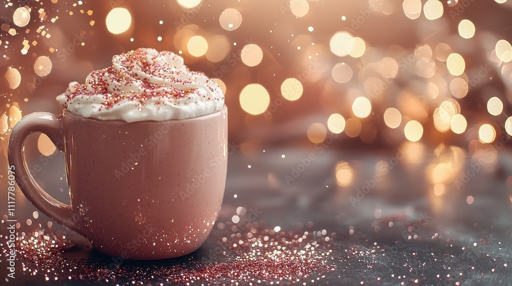 A cozy cup of hot chocolate topped with whipped cream and sprinkles, surrounded by sparkling lights, evoking a warm, festive atmosphere. A cozy cup of hot chocolate topped with whipped cream and sprinkles, surrounded by sparkling lights, evoking a warm, festive atmosphere.