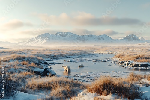 Family of Polar Bears Playing in a Snowy Arctic Landscape photo