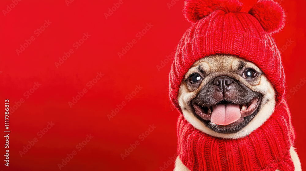 pug in red funny hat winter christmas suit dog pug in red funny hat winter christmas suit dog