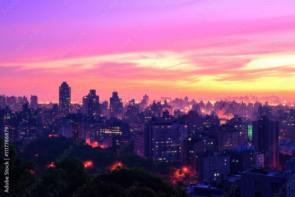 Obraz premium Vibrant city skyline at sunset, showcasing urban beauty and tranquility.