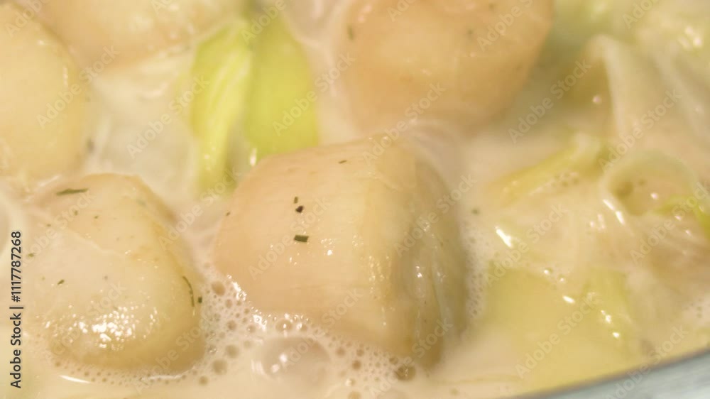 Saint-Jacques au poireaux, en cuisson, dans une poêle