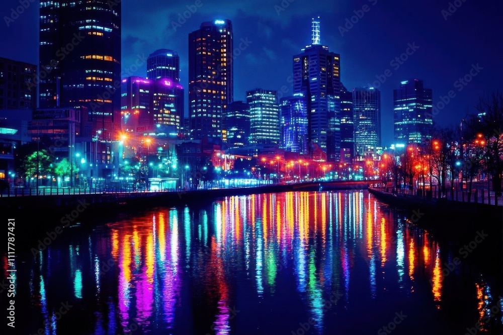 Obraz premium Night cityscape reflecting colorful lights on a river.
