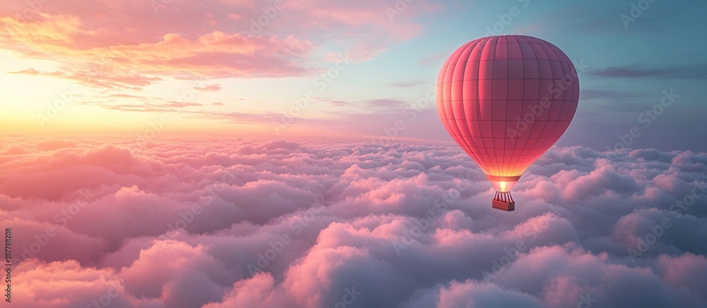 Obraz premium A hot air balloon gliding above soft, colorful clouds during sunset.