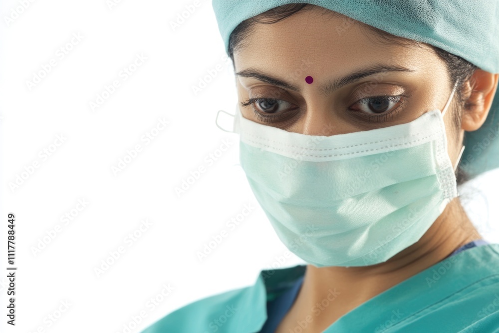 A medical professional wearing a surgical mask and green scrub suit, ideal for use in healthcare or medical settings A medical professional wearing a surgical mask and green scrub suit, ideal for use in healthcare or medical settings