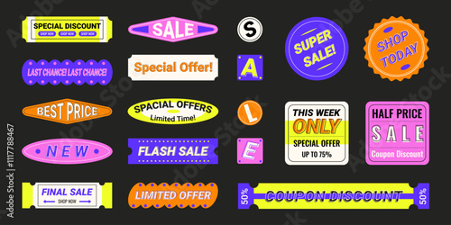 Sale stickers and coupons in Y2K aesthetics, labels for price tags with discounts announcements, business off advertisement badges, vector graphic design elements. 