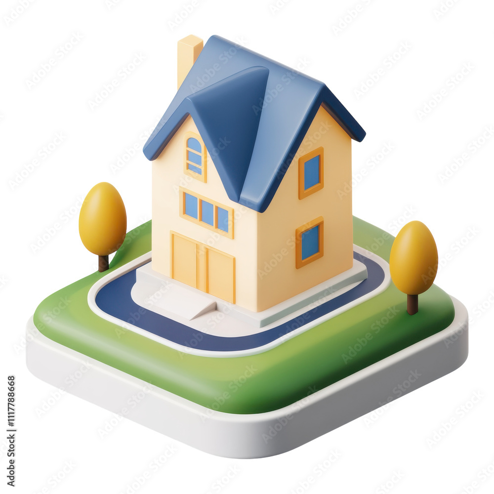 Fototapeta premium Charming miniature house on a vibrant green base surrounded by stylized trees and a winding pathway on transparent Background