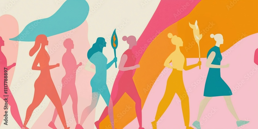 Symbolic image of a woman carrying a torch and running in a relay race, passing it to another woman, symbolizing empowerment. International Women's Day, Feminism and Equality. Symbolic image of a woman carrying a torch and running in a relay race, passing it to another woman, symbolizing empowerment. International Women's Day, Feminism and Equality.