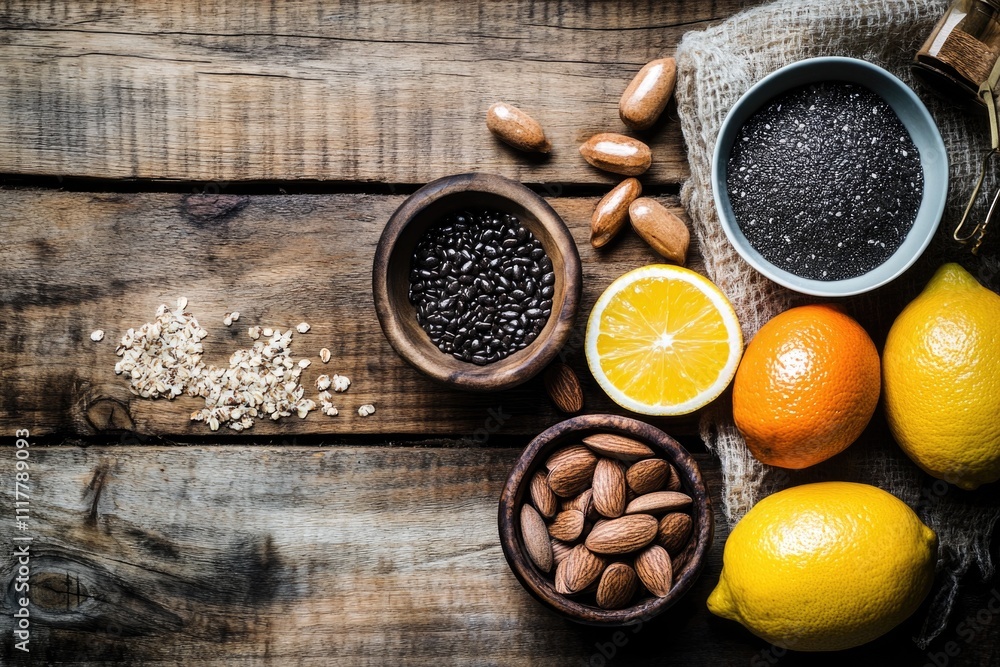A simple wooden table set with a bowl of nuts and oranges, perfect for a breakfast or snack setting A simple wooden table set with a bowl of nuts and oranges, perfect for a breakfast or snack setting