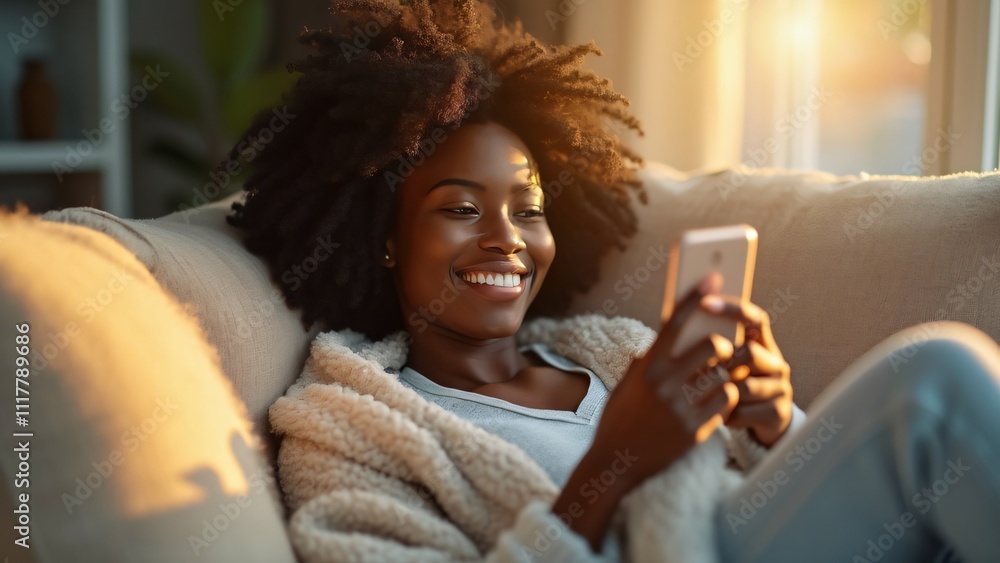 Happy Black Woman Relaxing on Cozy Couch, Using Smartphone, Sunlit Living Room Happy Black Woman Relaxing on Cozy Couch, Using Smartphone, Sunlit Living Room