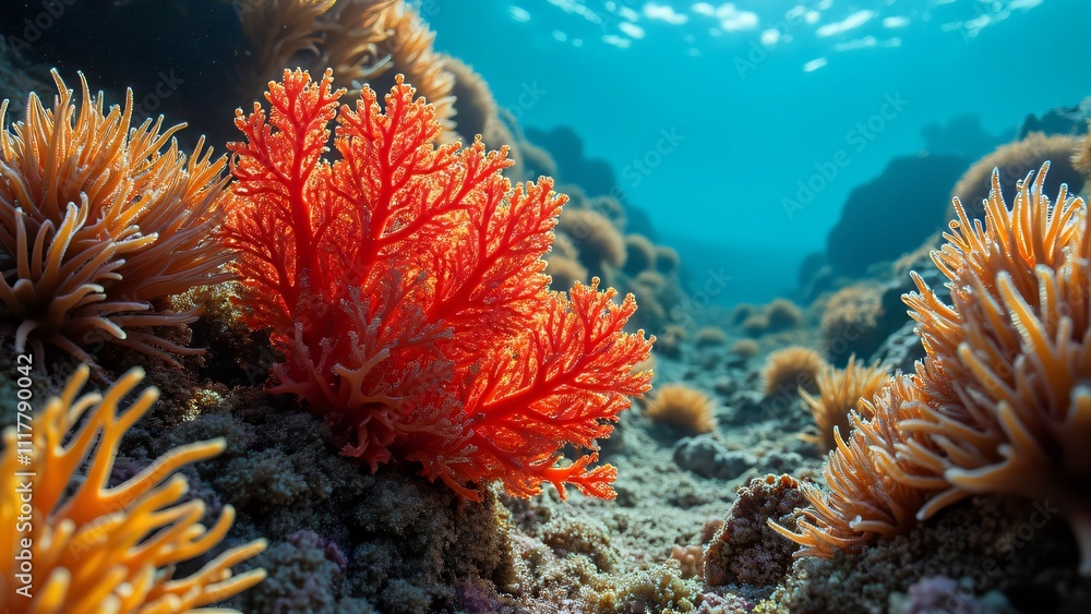 Vibrant Fire Coral Reef, Underwater Scene with Orange, Red, and Yellow Coral Formations, Turquoise Waters, and Sunlight Vibrant Fire Coral Reef, Underwater Scene with Orange, Red, and Yellow Coral Formations, Turquoise Waters, and Sunlight