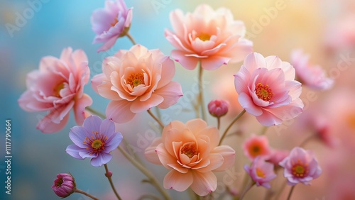 Whimsical Valentine's Day Wonderland, Delicate Pastel Flowers in Rose, Lavender, and Peach Hues Blooming Against Vibrant Backgrounds of Soft Pinks, Baby Blues, and Sunshine Yellows