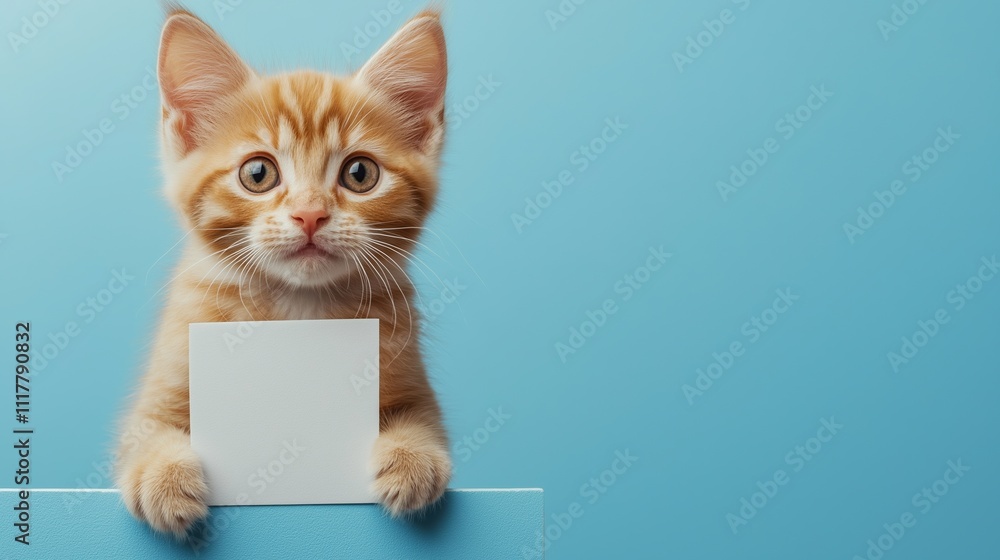 Cute orange kitten holds blank card while standing on a finger against a blue background Cute orange kitten holds blank card while standing on a finger against a blue background