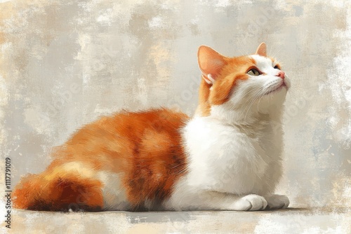 A realistic depiction of a ginger and white cat gazing upwards.