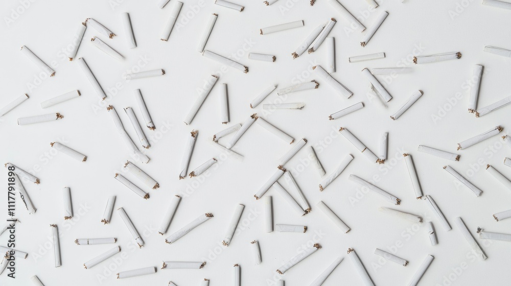 Loose pile of cigarettes scattered on a seamless white background, minimalistic composition Loose pile of cigarettes scattered on a seamless white background, minimalistic composition