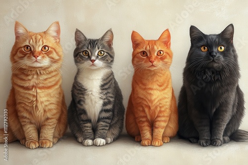 A group of four cats in various colors sitting side by side against a neutral background. photo