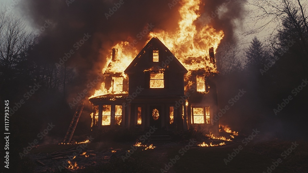 A large house engulfed in flames at night, surrounded by trees. A large house engulfed in flames at night, surrounded by trees.