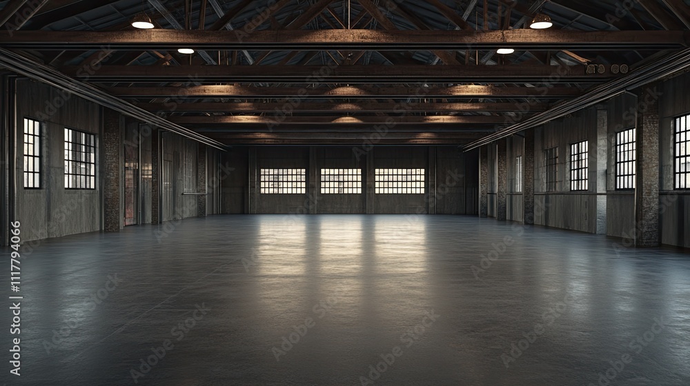 Fototapeta premium Industrial Empty Warehouse Interior with Open Space and Windows
