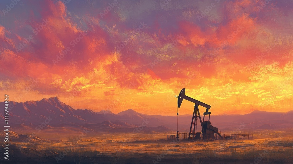 Naklejka premium Oil pump jack silhouette in a vast desert landscape, glowing sunset sky with vivid colors, symbolizing extraction work