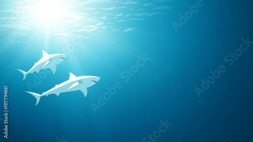Two sharks glide effortlessly through clear blue waters under bright sunlight in a serene underwater environment