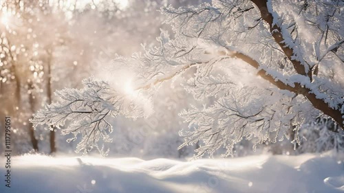 A snowy forest with glittering frost on branches as sunlight filters through. Winter. Christmas.