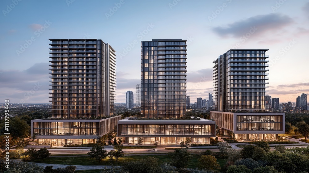 Obraz premium Modern Urban Skyline with Stunning Architecture at Sunset