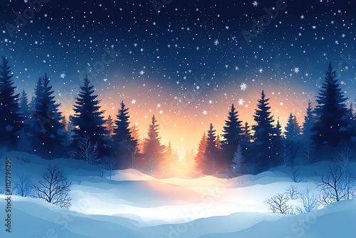 Night winter landscape of forest and mountains. Snow-capped mountains, forest, trees, snowdrifts, snowfall and the amazing night sky of the month. Christmas Eve. 