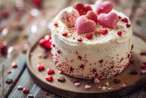 A decorated white cake with red and pink hearts on top, perfect for romantic celebrations