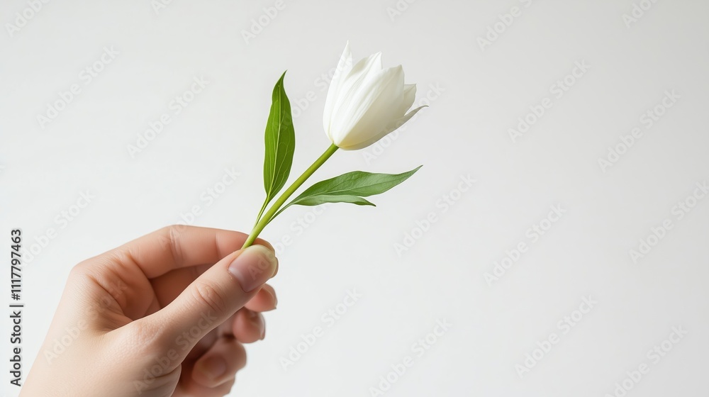 White flower held delicately by hand against a simple background in soft lighting White flower held delicately by hand against a simple background in soft lighting