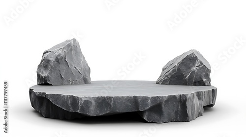 Large hard stone podium stage with flat surface isolated on white background, large stone mockup for presentation, mockup for advertising.