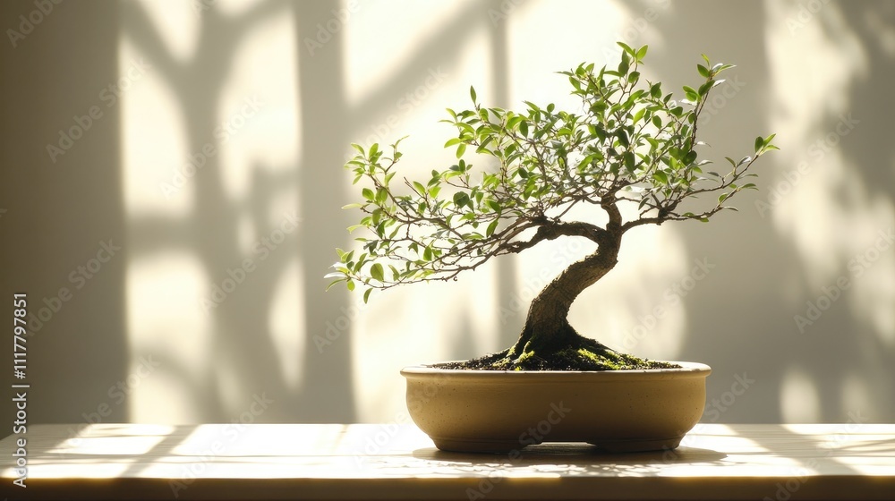 Elegant Bonsai Tree in Natural Light with Soft Shadows and Leaves Elegant Bonsai Tree in Natural Light with Soft Shadows and Leaves