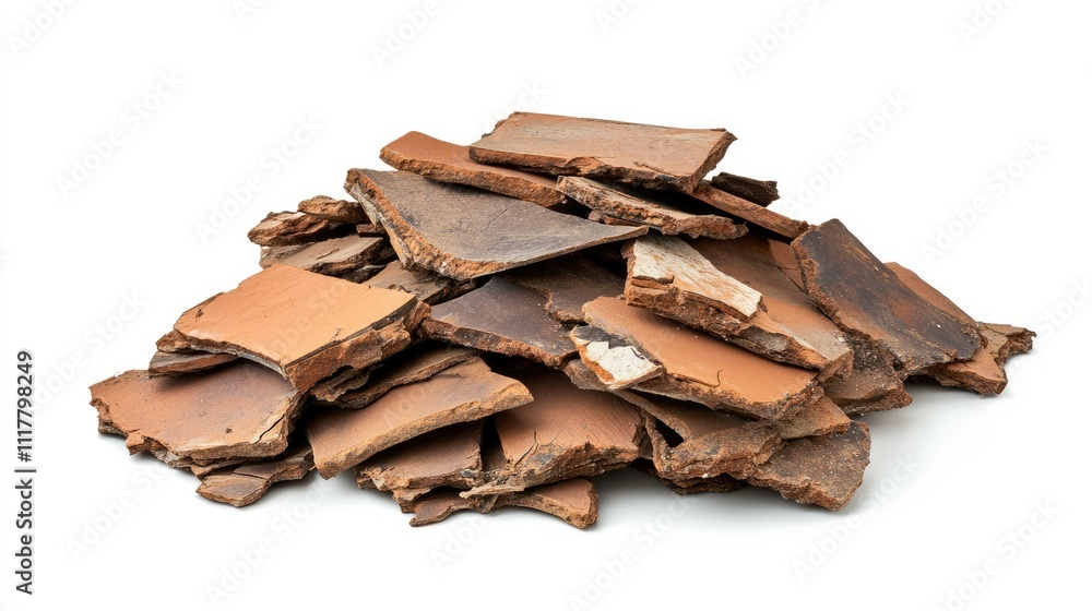 Rough, broken ceramic roof tiles forming a pile, with detailed cracks, isolated on white. Rough, broken ceramic roof tiles forming a pile, with detailed cracks, isolated on white.