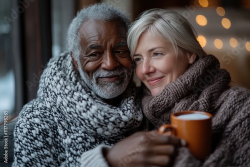 Senior interracial couple sharing comfort and warmth during a cold, with tea and a warm compress.
Heartwarming scene of illness care featuring love, support, and gentle recovery.
 photo