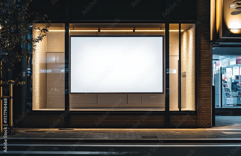 A large white sign is displayed in front of a brick building. The sign is empty and the window is open. Empty space for logo or text, mockup A large white sign is displayed in front of a brick building. The sign is empty and the window is open. Empty space for logo or text, mockup
