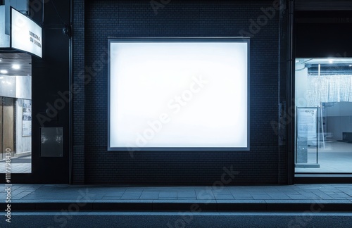 A large white sign is on a brick wall. The sign is empty and the background is dark. Empty space for logo or text, mockup