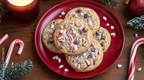 Cookies arranged on a festive red plate, with crushed candy canes scattered around and a warm candle nearby
