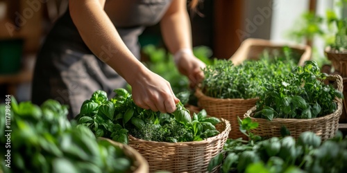 A person carefully arranging fresh herbs in woven baskets. This image captures the beauty of green plants and the joy of gardening. Perfect for nature lovers and cooking enthusiasts. AI