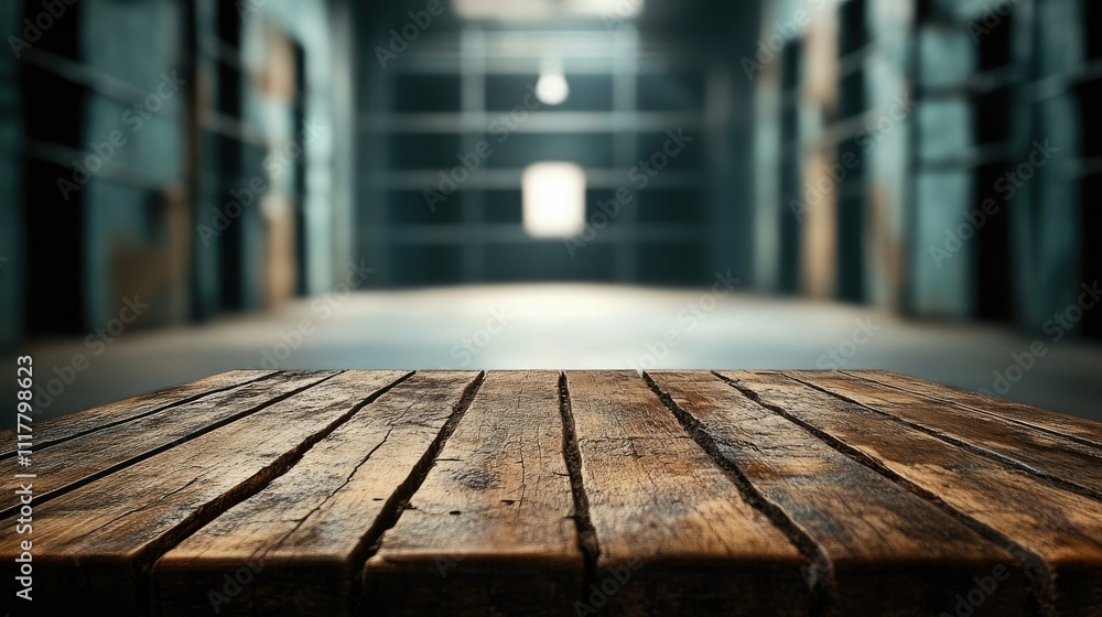 Rough, worn wooden table surface contrasted with a blurred, gritty prison interior in the background Rough, worn wooden table surface contrasted with a blurred, gritty prison interior in the background