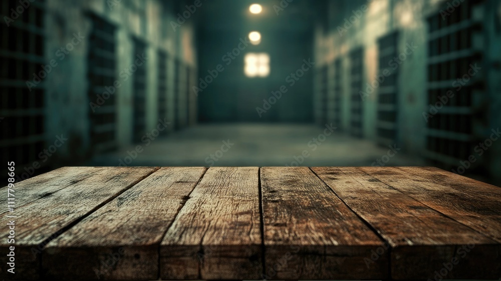 Rough, worn wooden table surface contrasted with a blurred, gritty prison interior in the background Rough, worn wooden table surface contrasted with a blurred, gritty prison interior in the background