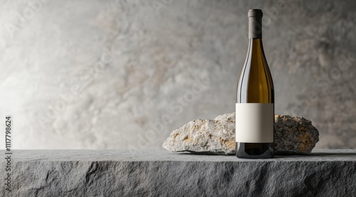 A bottle of wine is on a stone ledge. The bottle is white and has a label on it. The stone ledge is grey and rough. Empty space for logo or text, mockup